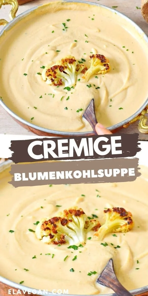 Cremige Blumenkohlsuppe in einer Schüssel, serviert mit frischen Kräutern.