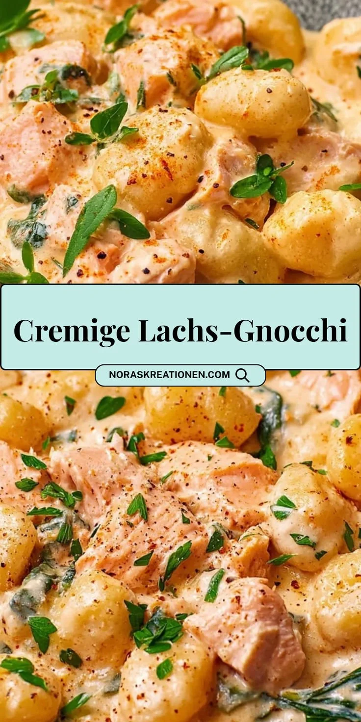 Cremige Lachs-Gnocchi in einer Schüssel, serviert mit frischen Kräutern.