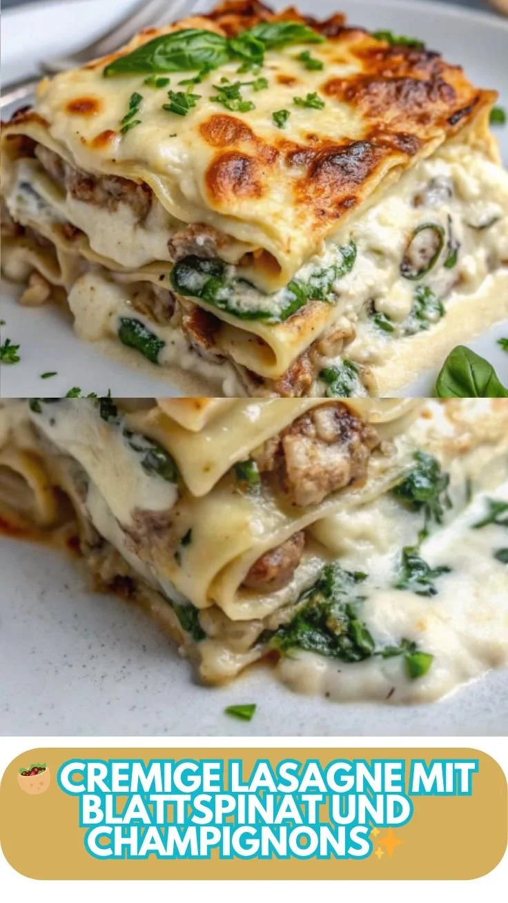 Cremige Lasagne mit Blattspinat und Champignons, köstliches vegetarisches Rezept.