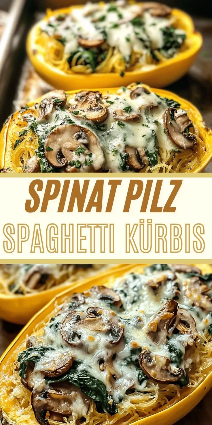 Cremige Spinat-Pilz-Spaghetti in Kürbis-Booten auf einem Teller