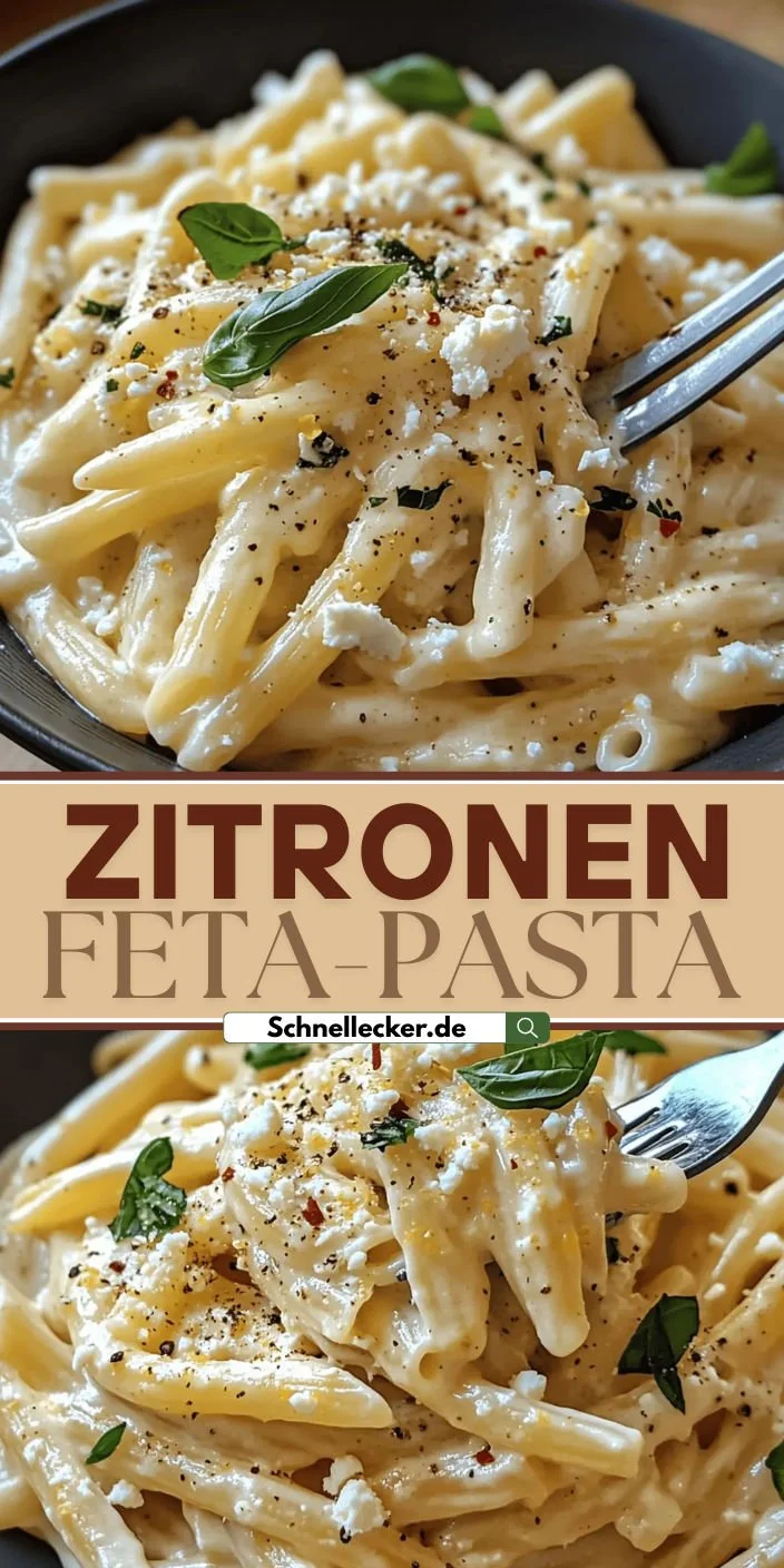 Cremige Zitronen-Feta-Pasta in einem weißen Teller mit frischen Kräutern garniert