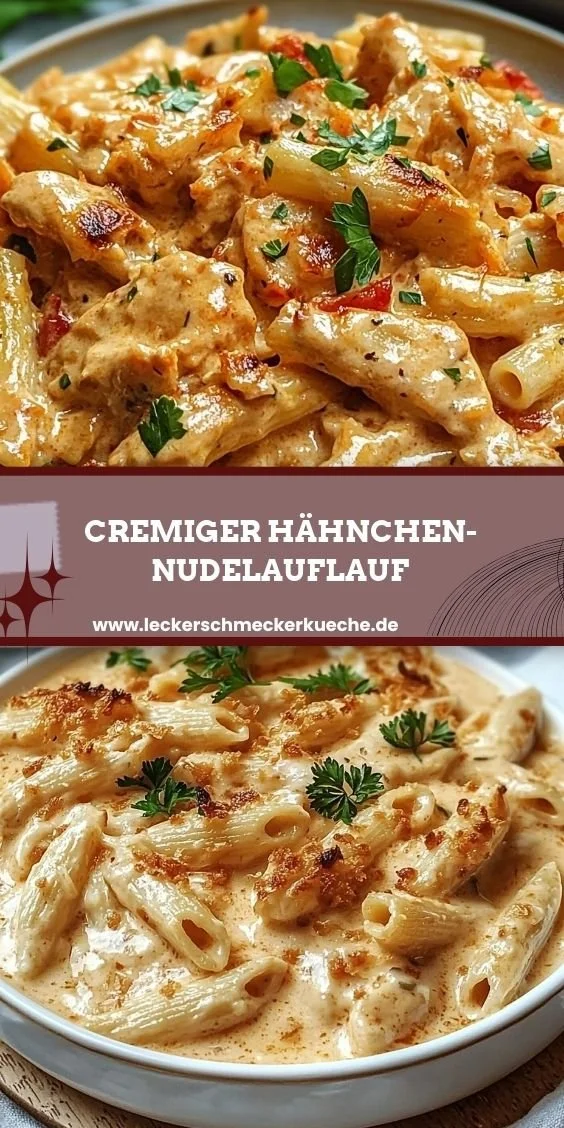 Cremiger Hähnchen-Nudelauflauf mit Käse und Gemüse im Ofen gebacken