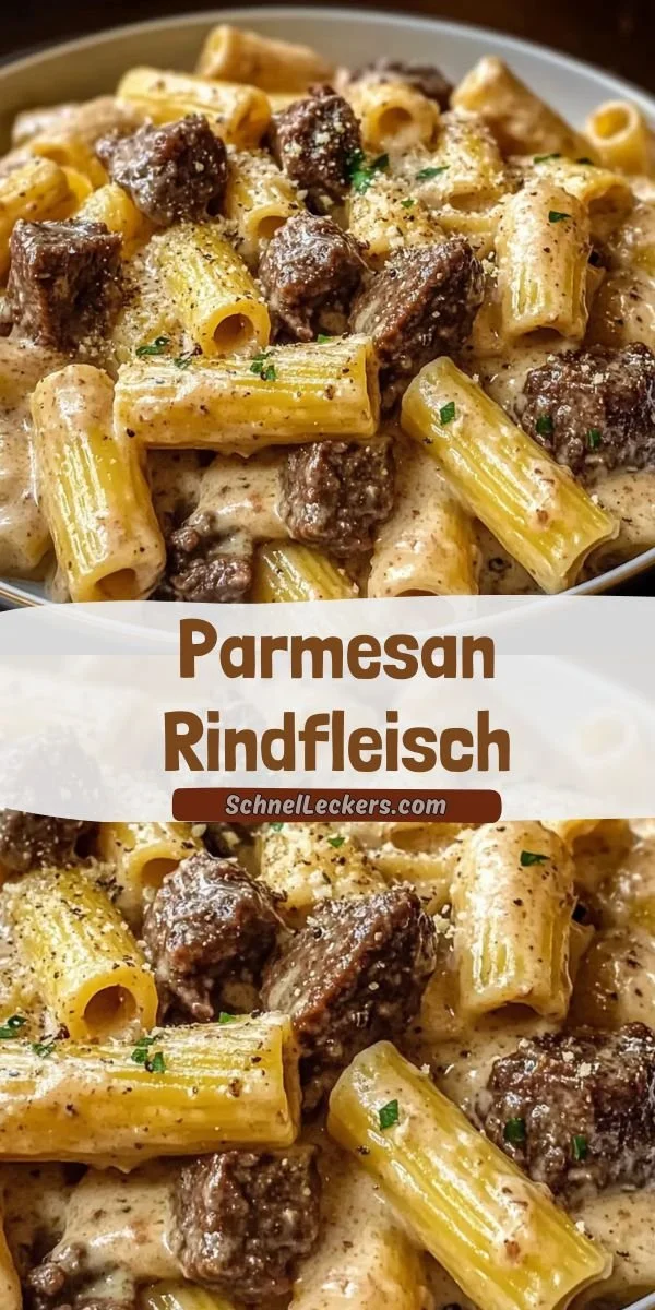 Cremiges Parmesan-Rindfleisch mit Rigatoni auf einem Teller angerichtet