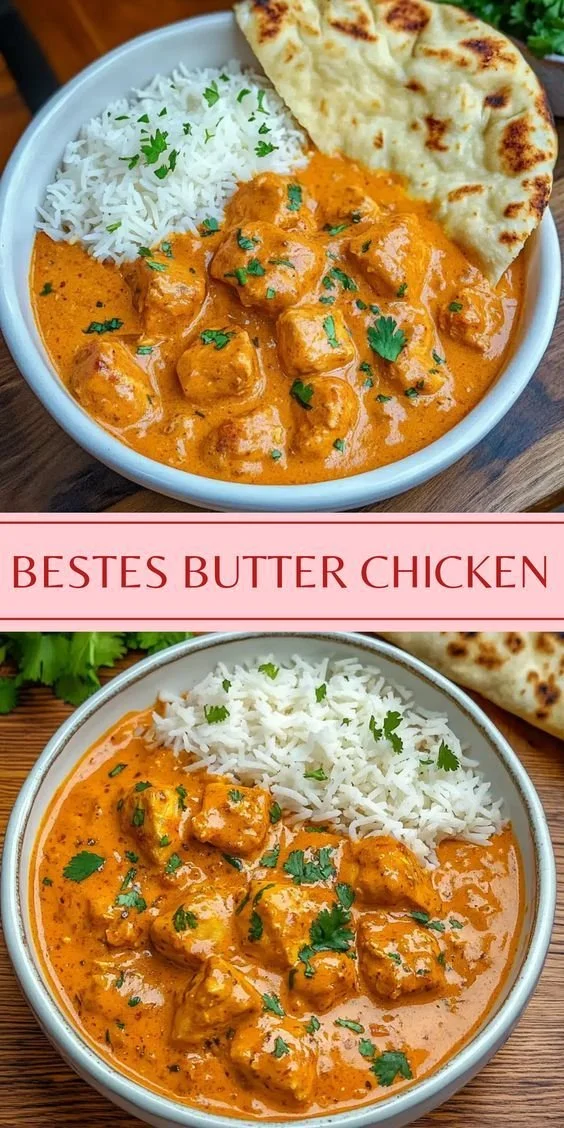 Ein köstliches Butter Chicken Gericht in einer Schüssel serviert.