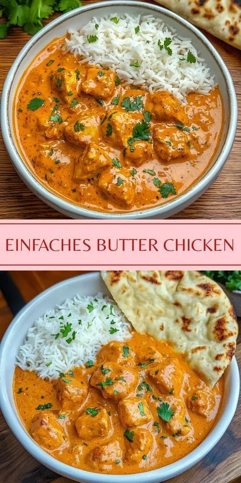Leckeres Butter Chicken serviert mit Basmati-Reis in einer indischen Küche