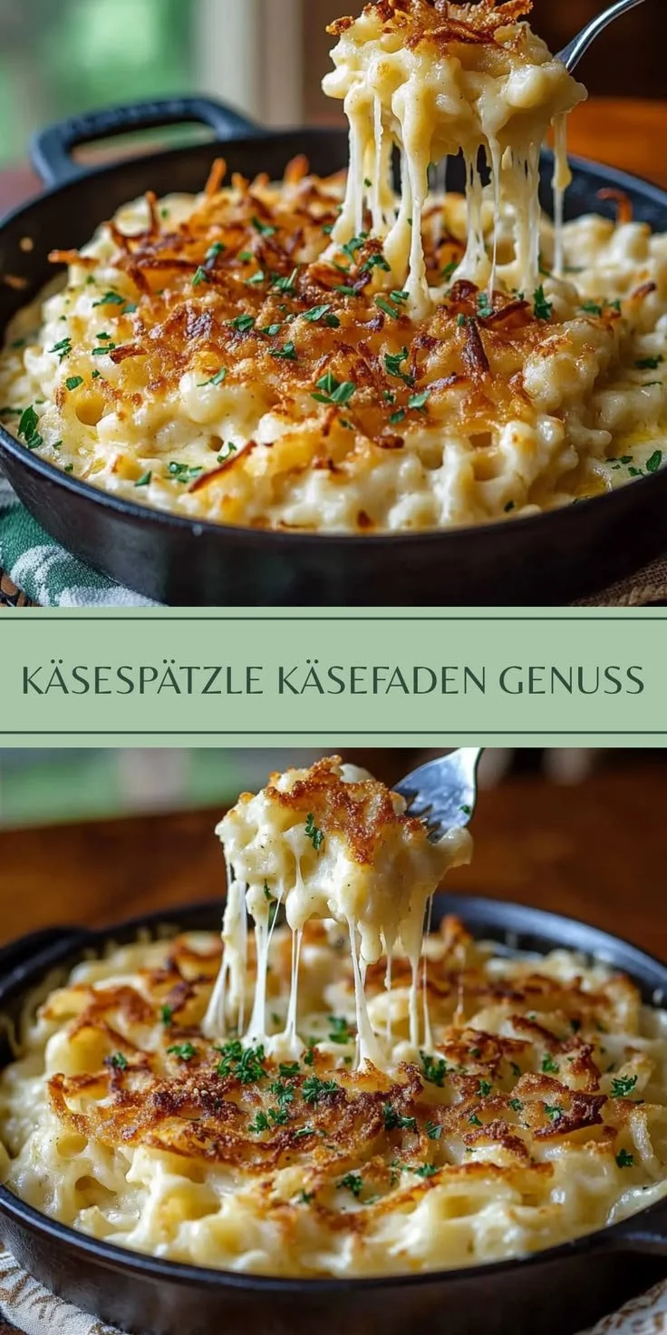Cremige Käsespätzle mit Käsefäden auf einem Teller
