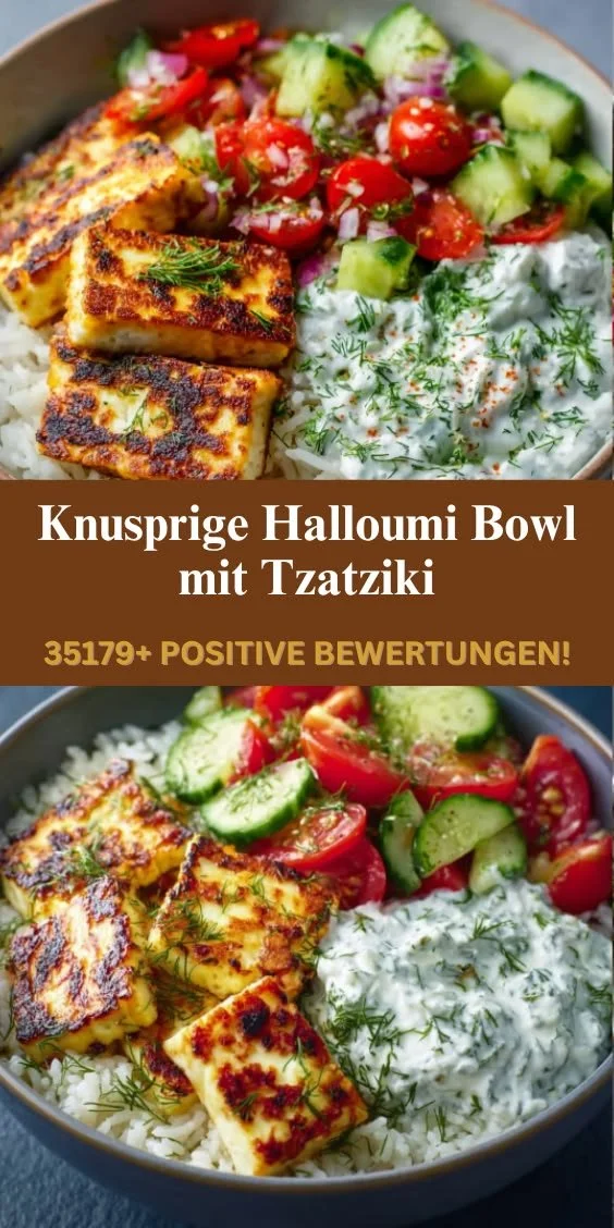 Leckere Halloumi Bowl mit Reis und Tzatziki, ideal für ein gesundes Gericht.