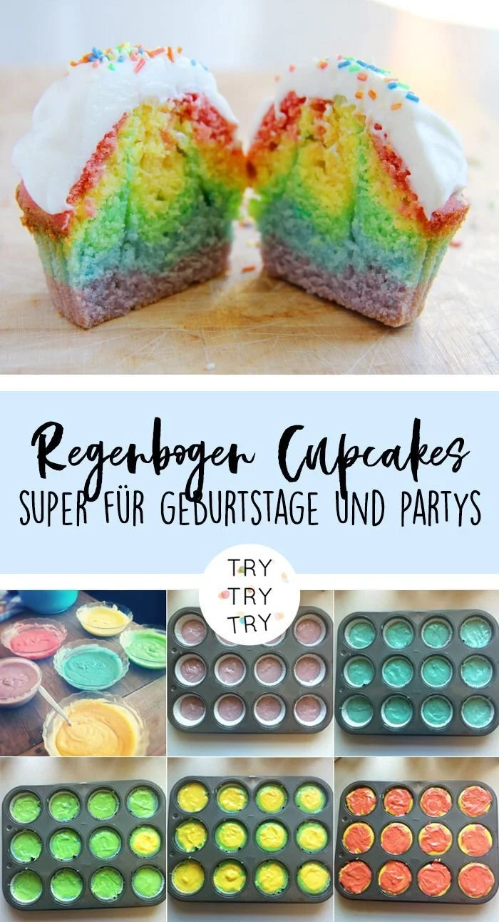 Bunte Regenbogen Cupcakes mit schmackhaftem Frosting auf einem Tisch.