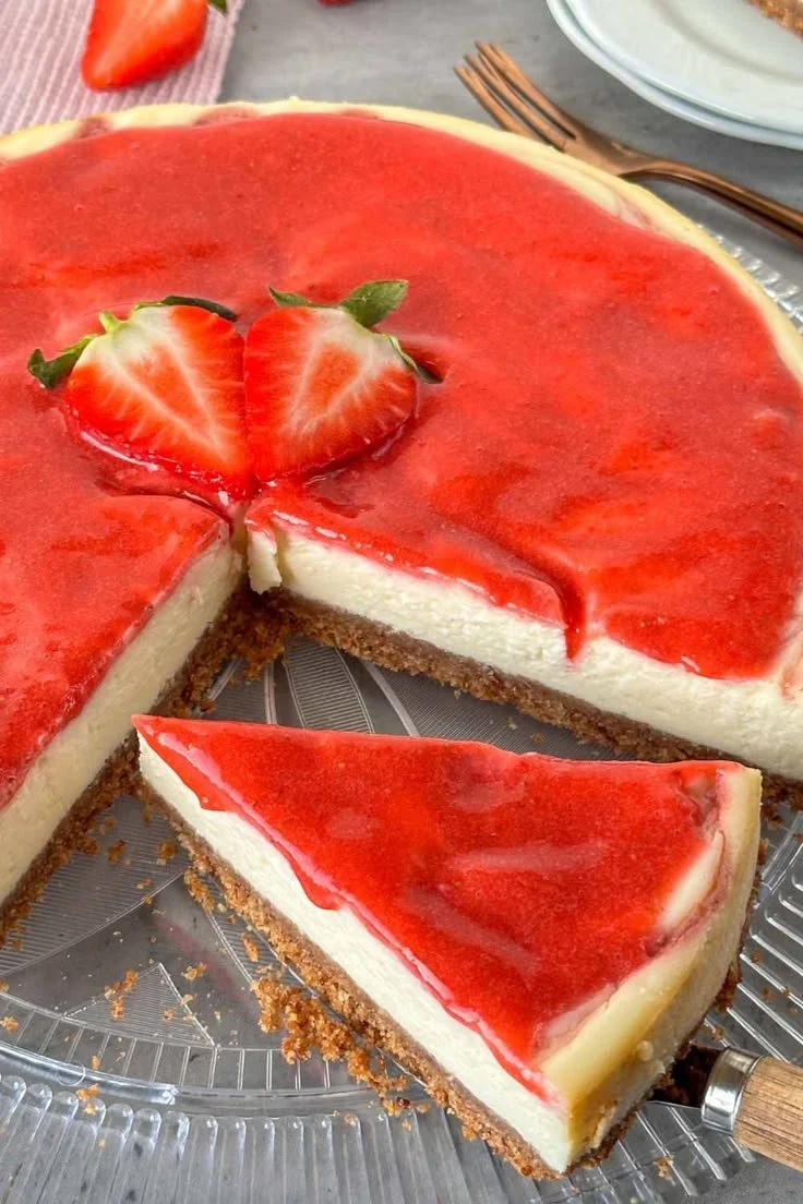 Erdbeer Cheesecake mit Keksboden und frischen Erdbeeren auf einem Teller