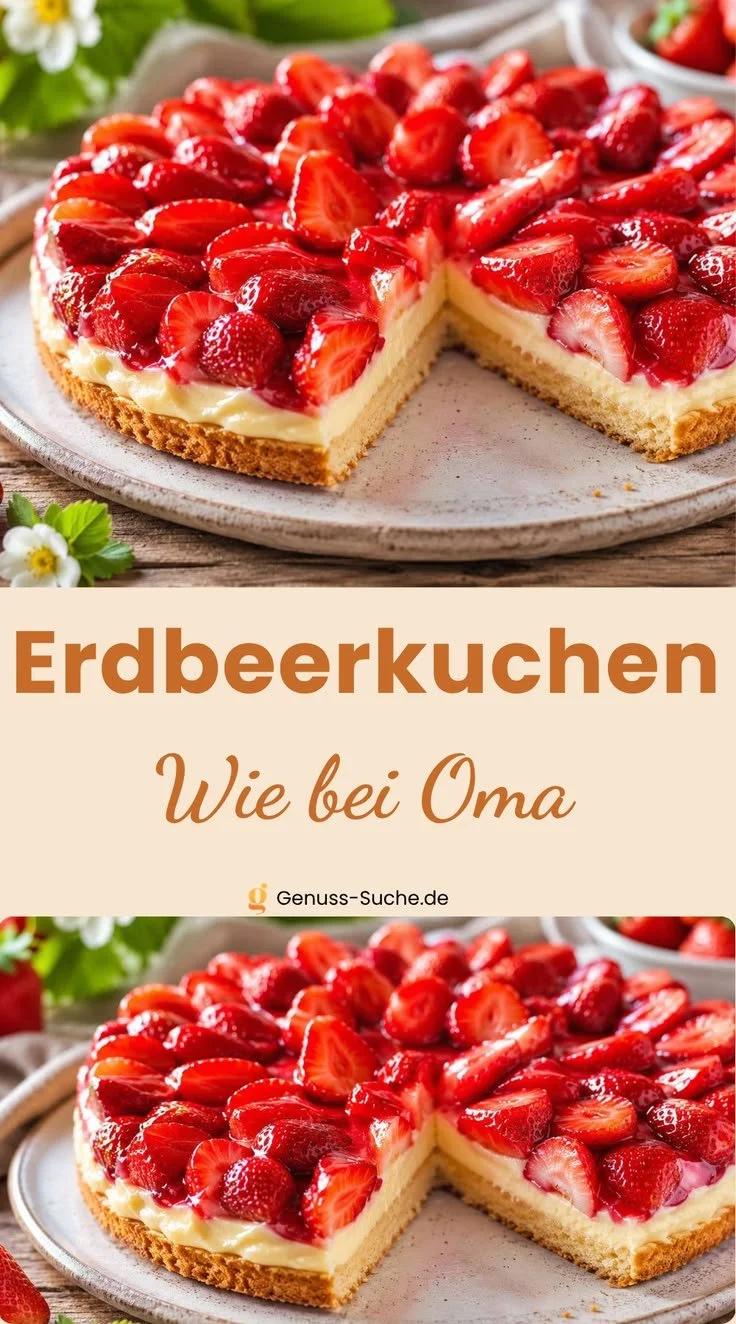 Erdbeerkuchen mit Vanillepudding auf einem weißen Teller, dekoriert mit frischen Erdbeeren.