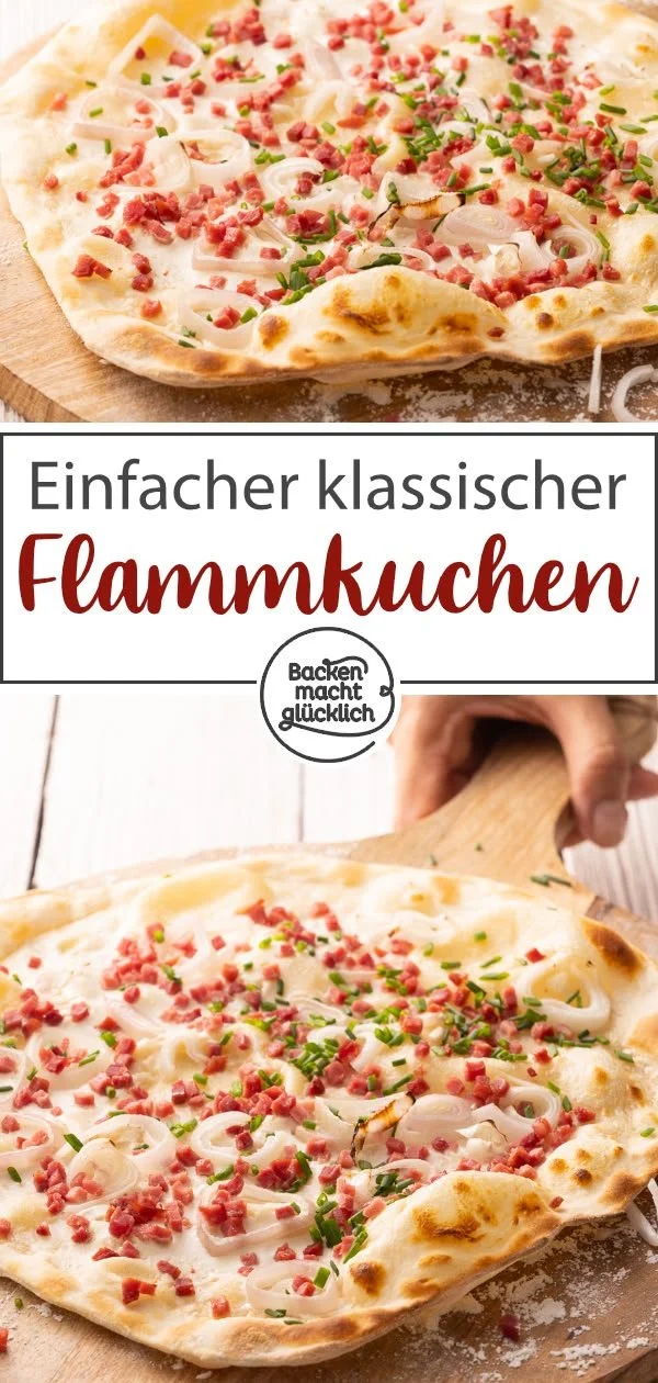 Hausgemachter Flammkuchen mit frischen Zutaten auf einem Holzbrett