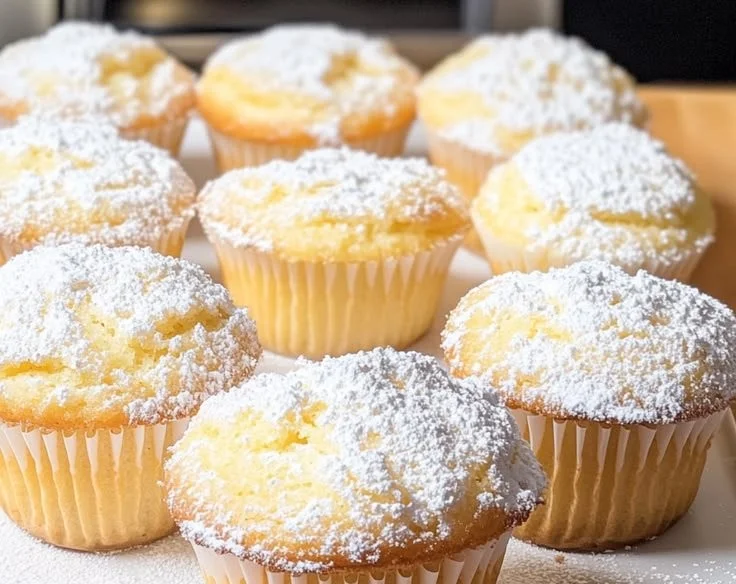 Fluffige und cremige Frischkäse-Muffins auf einem Tablett.