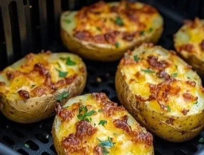 Gebackene Käse-Kartoffeln aus der Heißluftfritteuse, knusprig und cremig serviert.
