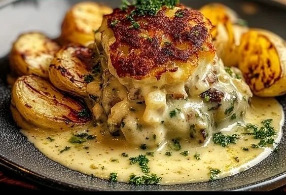 Gebackener Spitzkohl in cremiger Sauce auf einem Teller serviert