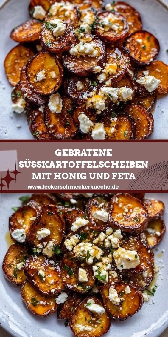 Gebratene Süßkartoffelscheiben mit Honig und Feta auf einem Teller