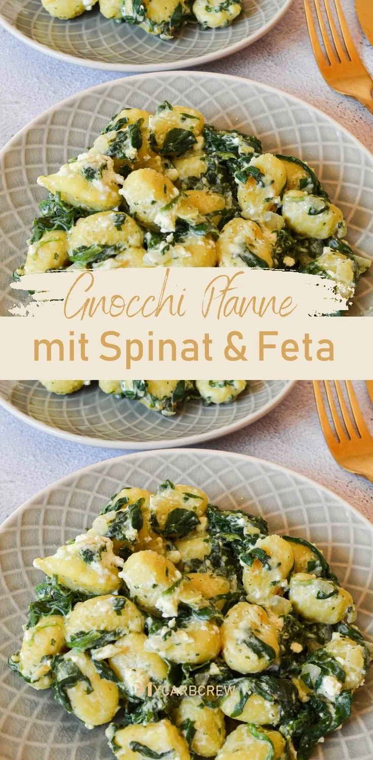 Gnocchi Pfanne mit Spinat und Feta auf einem Teller serviert