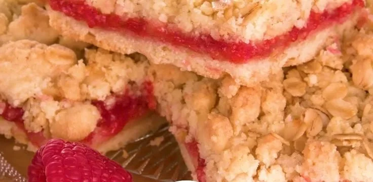 Saftiger Haferflocken-Himbeer-Kuchen auf einem Teller serviert.