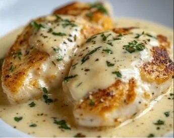 Hähnchenfilet in Frischkäse-Parmesan-Soße auf einem Teller serviert.