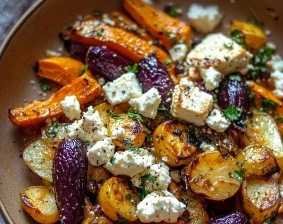 Herbstliches Kürbisgemüse mit Feta auf einem Teller serviert.
