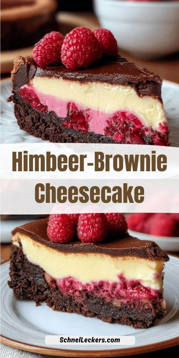Himbeer-Brownie-Cheesecake mit frischen Himbeeren und Schokoladentoppings