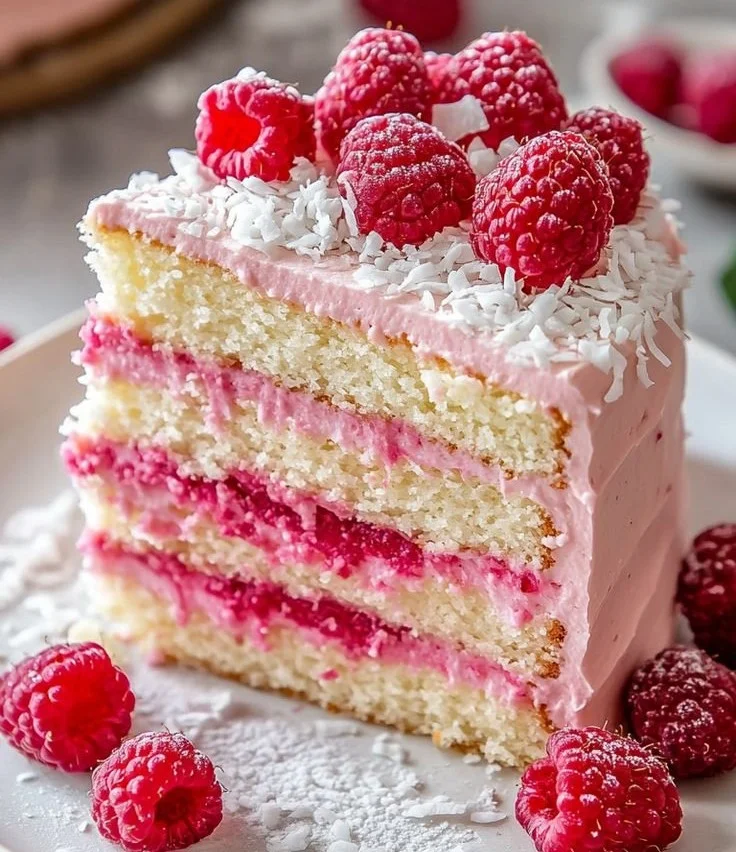 Himbeer-Raffaello-Torte mit frischen Himbeeren und Raffaello-Kokosnuss-Masse