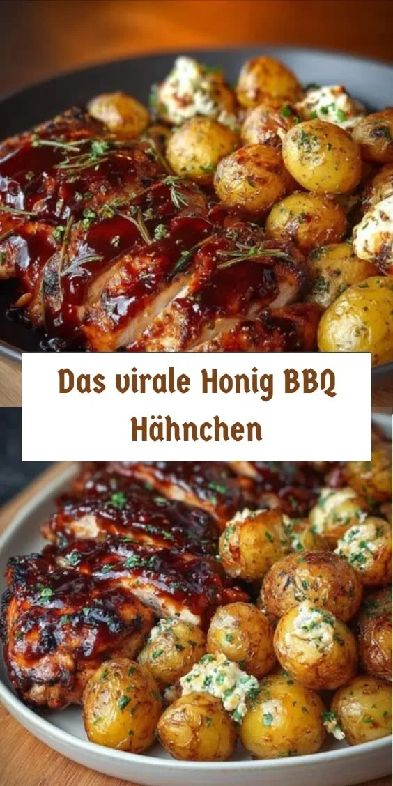 Honig BBQ Hähnchen mit Parmesan Kartoffeln auf dem Grill serviert.