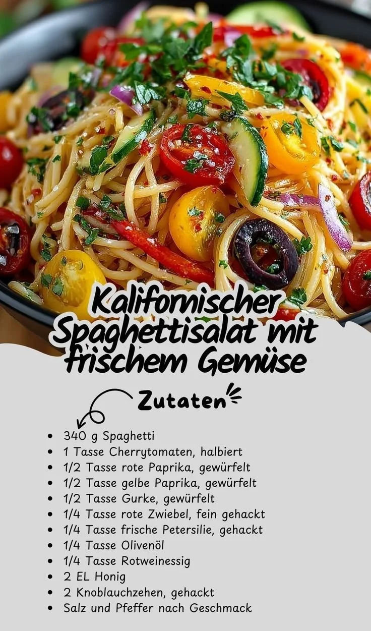 Kalifornischer Spaghettisalat mit frischem Gemüse in einer Schüssel