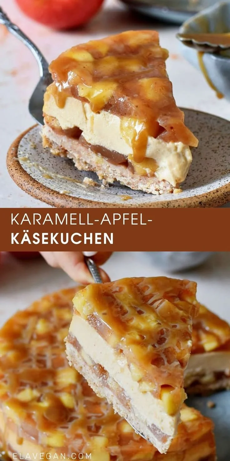 Karamell-Apfel-Käsekuchen mit frischen Äpfeln und karamellisierter Oberfläche