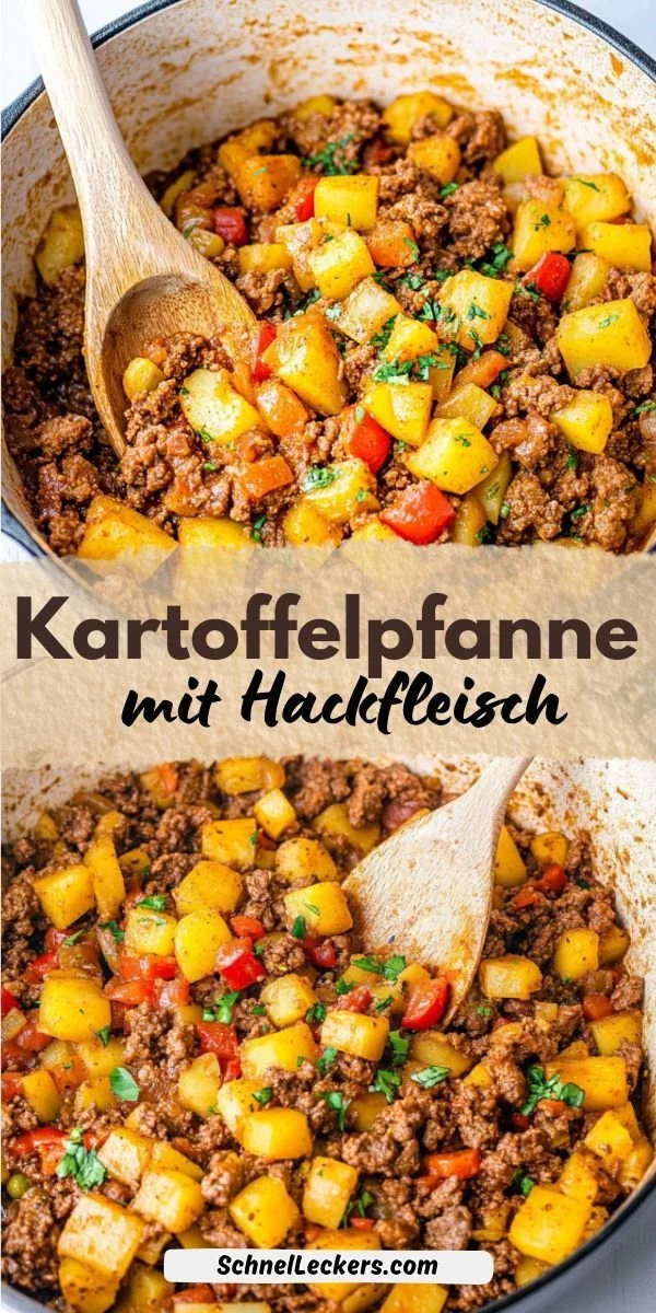 Leckere Kartoffelpfanne mit Hackfleisch auf einem Teller serviert