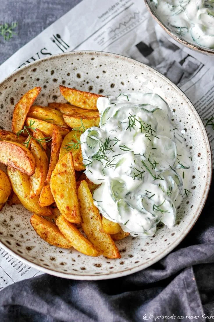 Leckere Kartoffelspalten serviert mit erfrischendem Gurkendip aus meiner Küche.