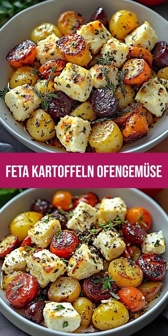 Köstliches Feta Kartoffeln Ofengemüse frisch aus dem Ofen auf einem Teller serviert