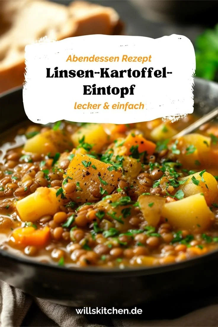 Linsen-Kartoffel-Eintopf in einer Schüssel, serviert mit frischen Kräutern
