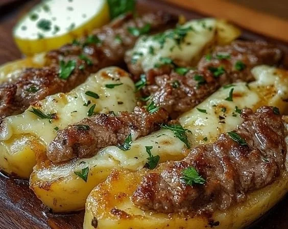 Ofenkartoffeln gefüllt mit Käse und Hackfleisch auf einem Teller
