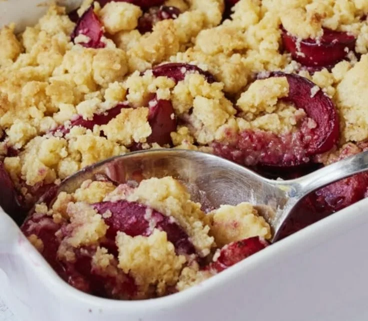 Leckeres Pflaumen-Crumble frisch aus dem Ofen