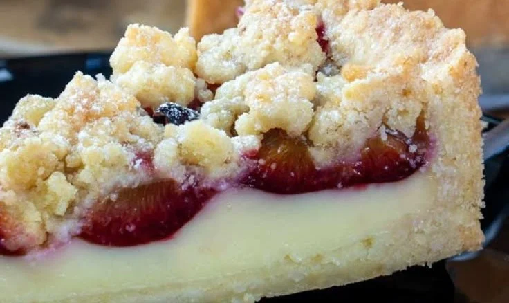 Leckerer Pflaumenkuchen mit Pudding und Streuseln auf einem Teller serviert