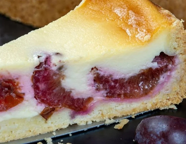 Pflaumenkuchen mit Schmand auf einem gedeckten Tisch