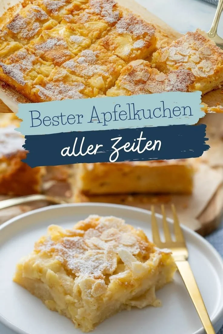 Saftiger Apfelkuchen vom Blech auf einem rustikalen Tisch serviert