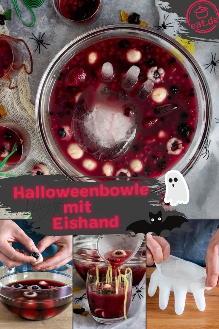 Schaurige Halloweenbowle mit Eishand für Halloween-Feiern