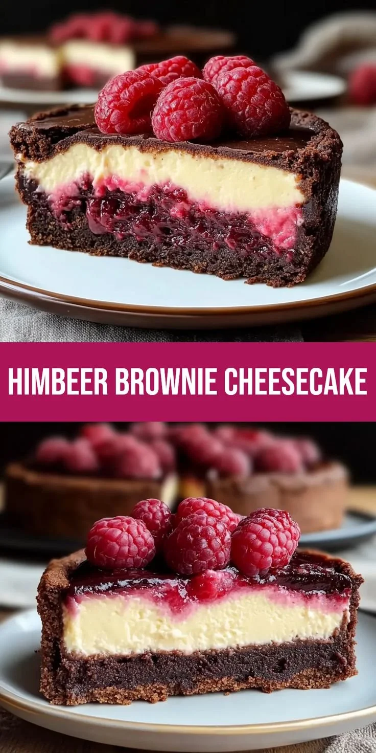 Himbeer-Brownie-Cheesecake mit saftigen Himbeeren und cremigem Käsebelag