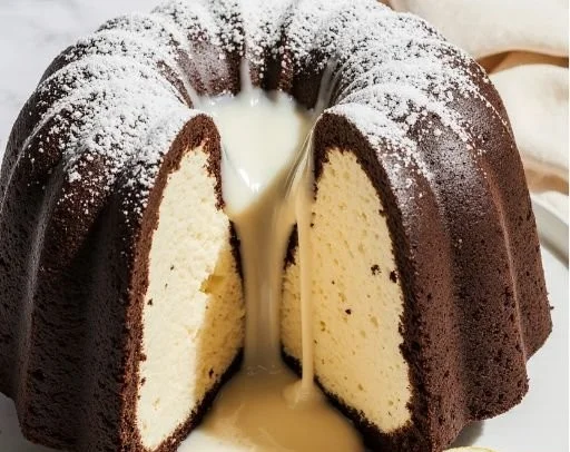 Schokoladen-Bundt-Kuchen mit Käsekuchenfüllung auf einem Teller dekoriert