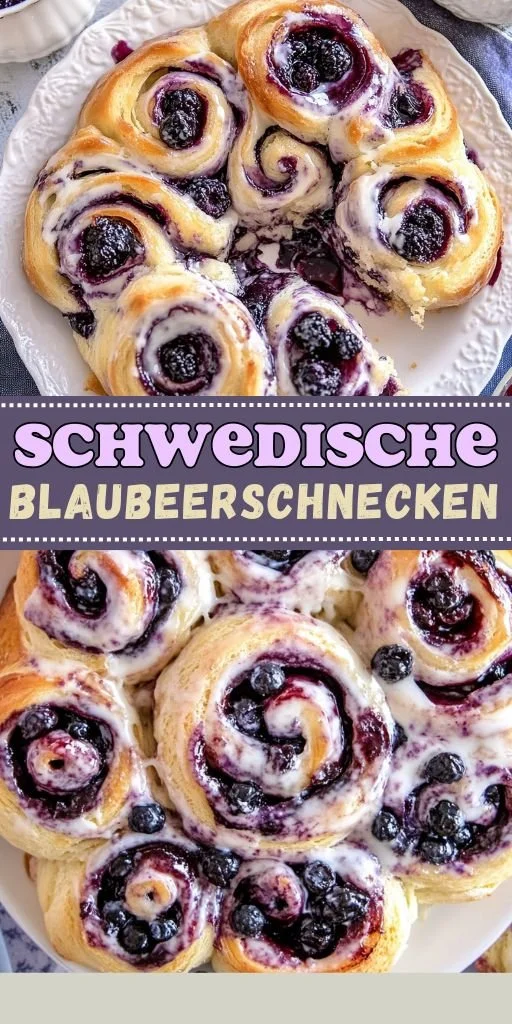 Schwedische Blaubeerschnecken mit Zimt und Beeren auf einer Platten serviert.