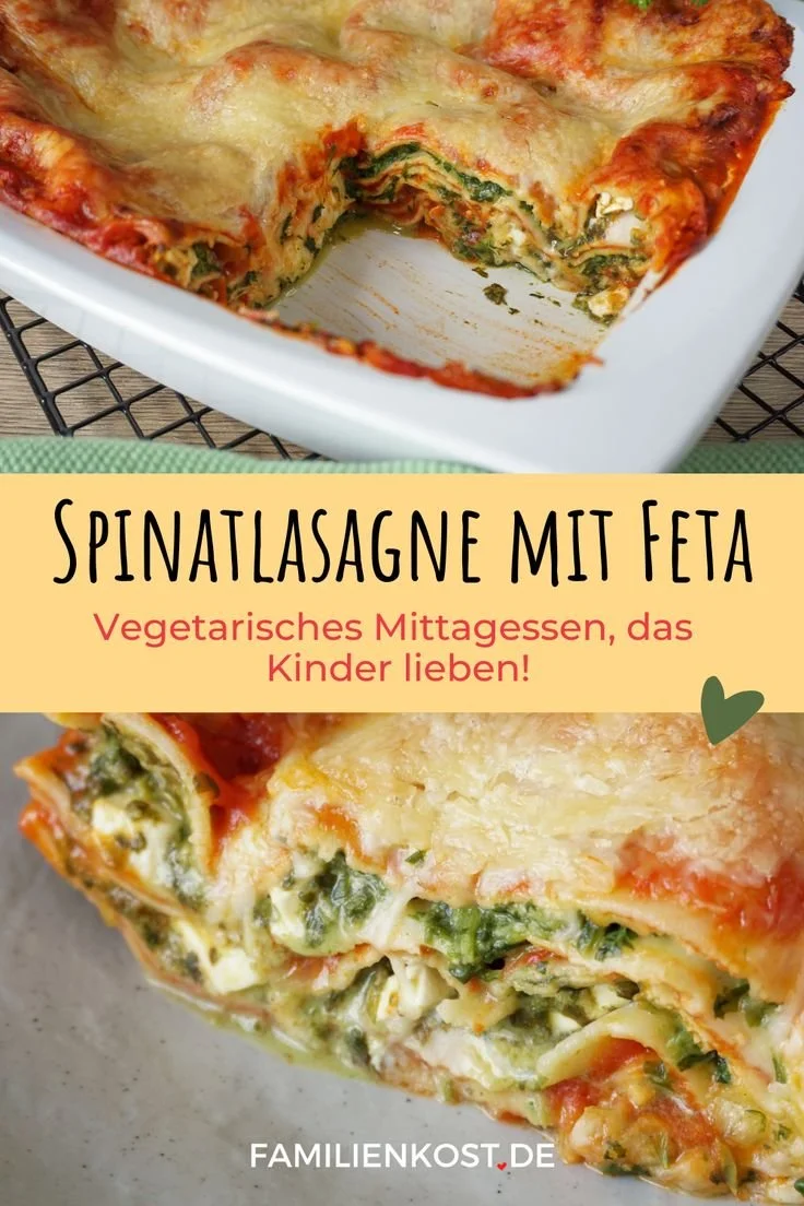 Spinatlasagne mit Feta und frischen Tomaten in einer Auflaufform
