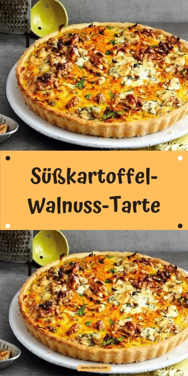 Leckere Süßkartoffel-Walnuss-Tarte auf einem rustikalen Holzbrett