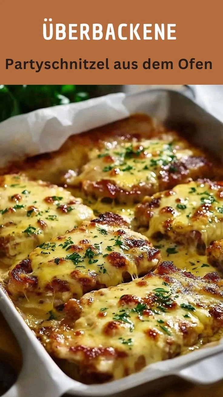 Überbackene Partyschnitzel aus dem Ofen für eine Feier.