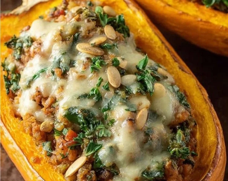 Vegetarischer gefüllter Kürbis aus dem Ofen serviert auf einem Tisch