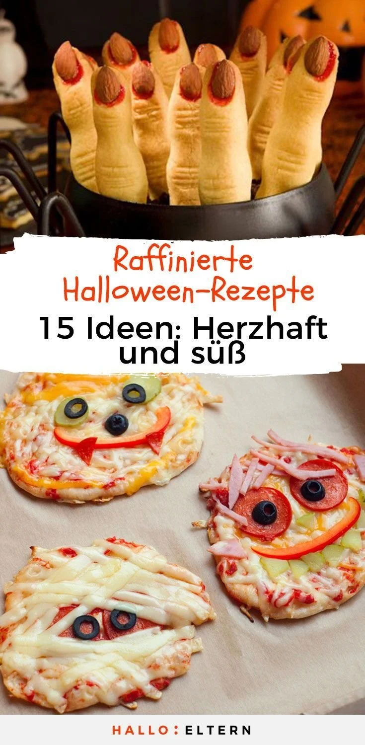 Leckere Halloween-Rezepte wie Mumien-Pizza und Hexenfinger für eine gruselige Party.