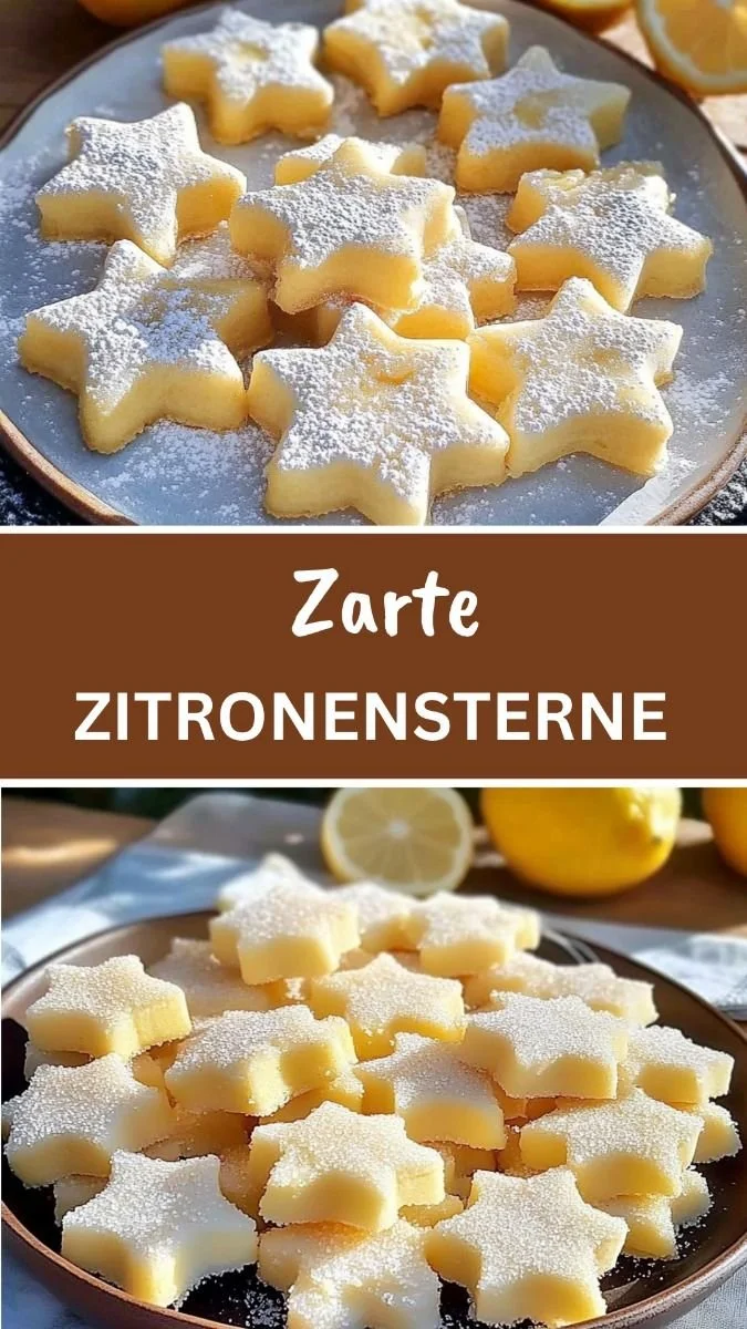 Zarte Zitronensterne mit einer leuchtenden Zitronenglasur auf einem weißen Teller