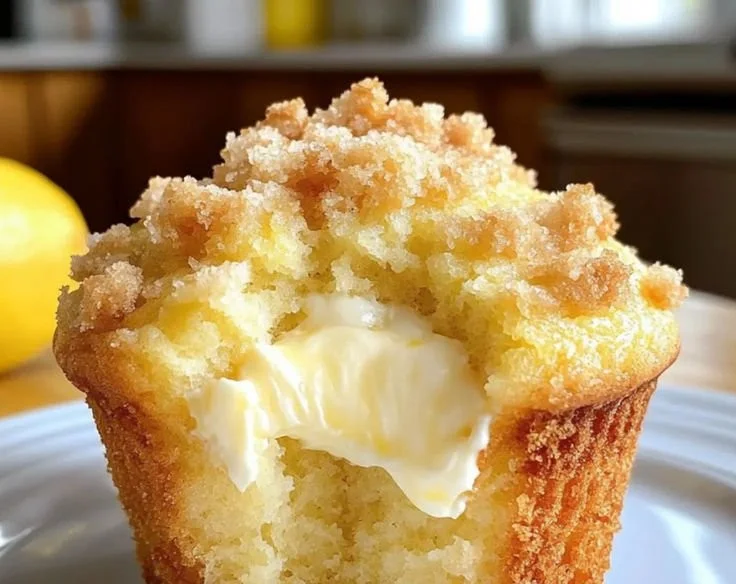 Zitronen-Creme-Käsekuchen-Muffins, saftig und cremig in einer Muffinform